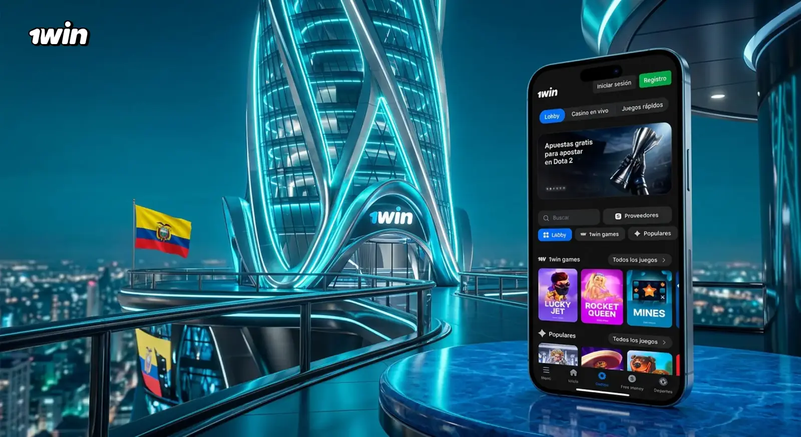 Celular con la app de 1win sobre una terraza futurista de noche, con la bandera de Ecuador y la ciudad iluminada al fondo
