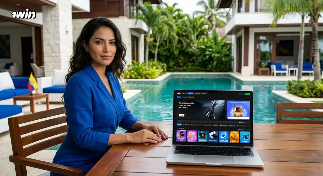 Mujer junto a una piscina que juega en el casino de 1win desde su laptop, con la bandera de Ecuador