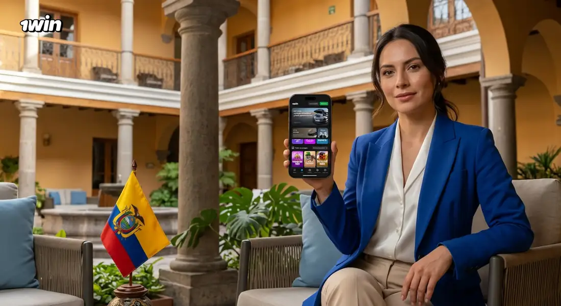 Mujer en el patio de una casona colonial ecuatoriana que muestra la app de 1win en su celular, junto a la bandera de Ecuador